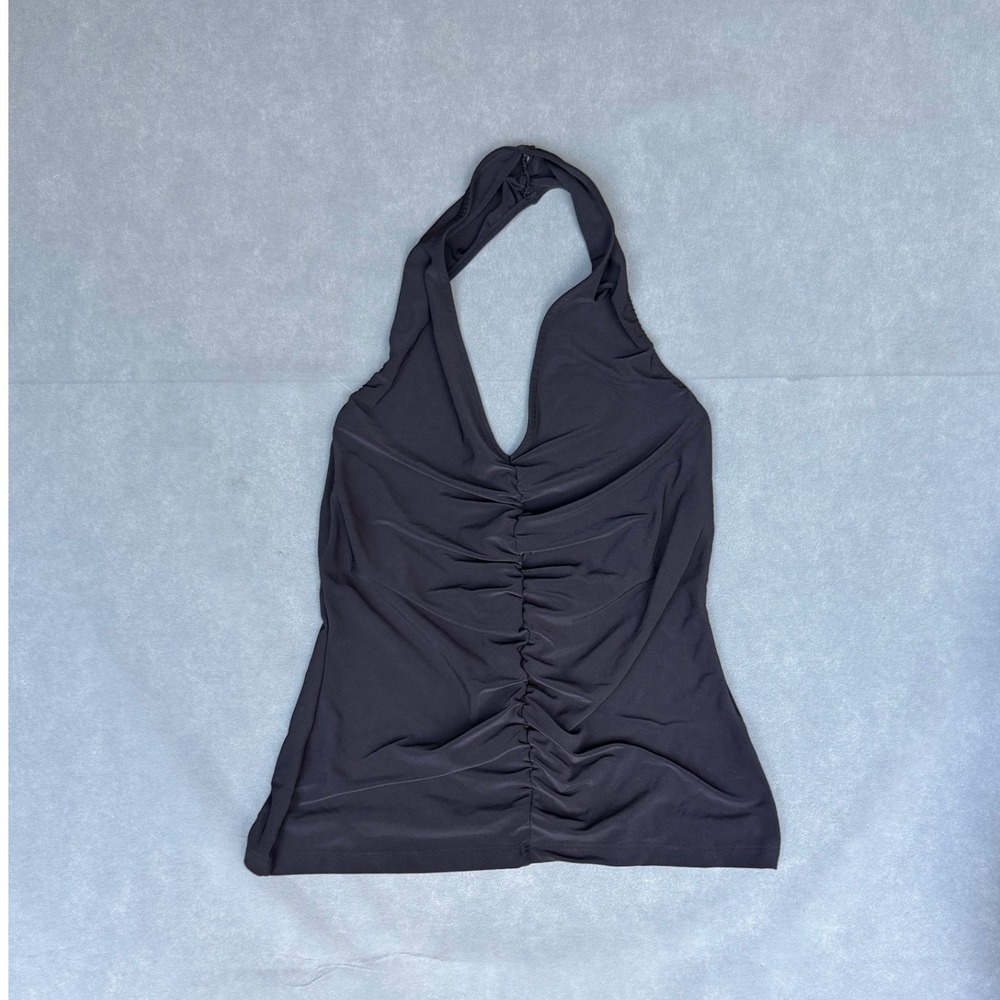 By Anthropologie Black Ruched Front Halter V-Neck Top Large Stretch Jersey
